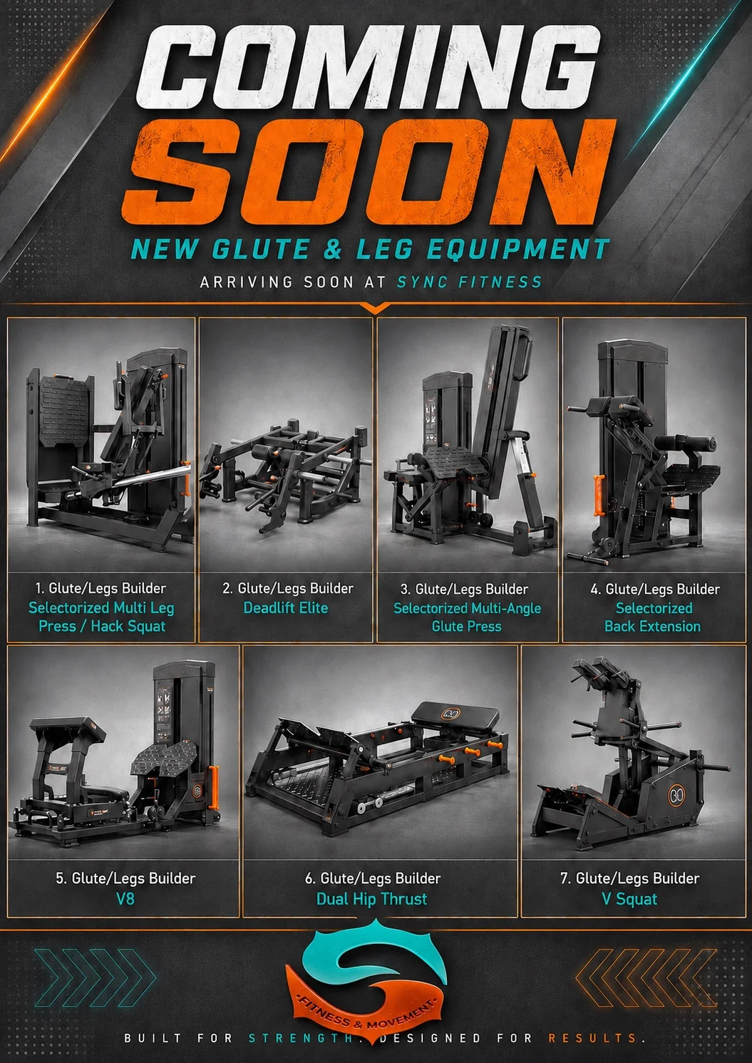Coming soon: leg press and hack squat combo, deadlift, glute press, back extension, V8, hip thrust and V squat equipment