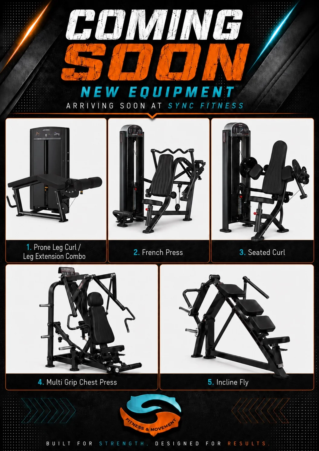 Coming soon: leg curl and extension combo, French press, seated curl, chest press and incline fly machines