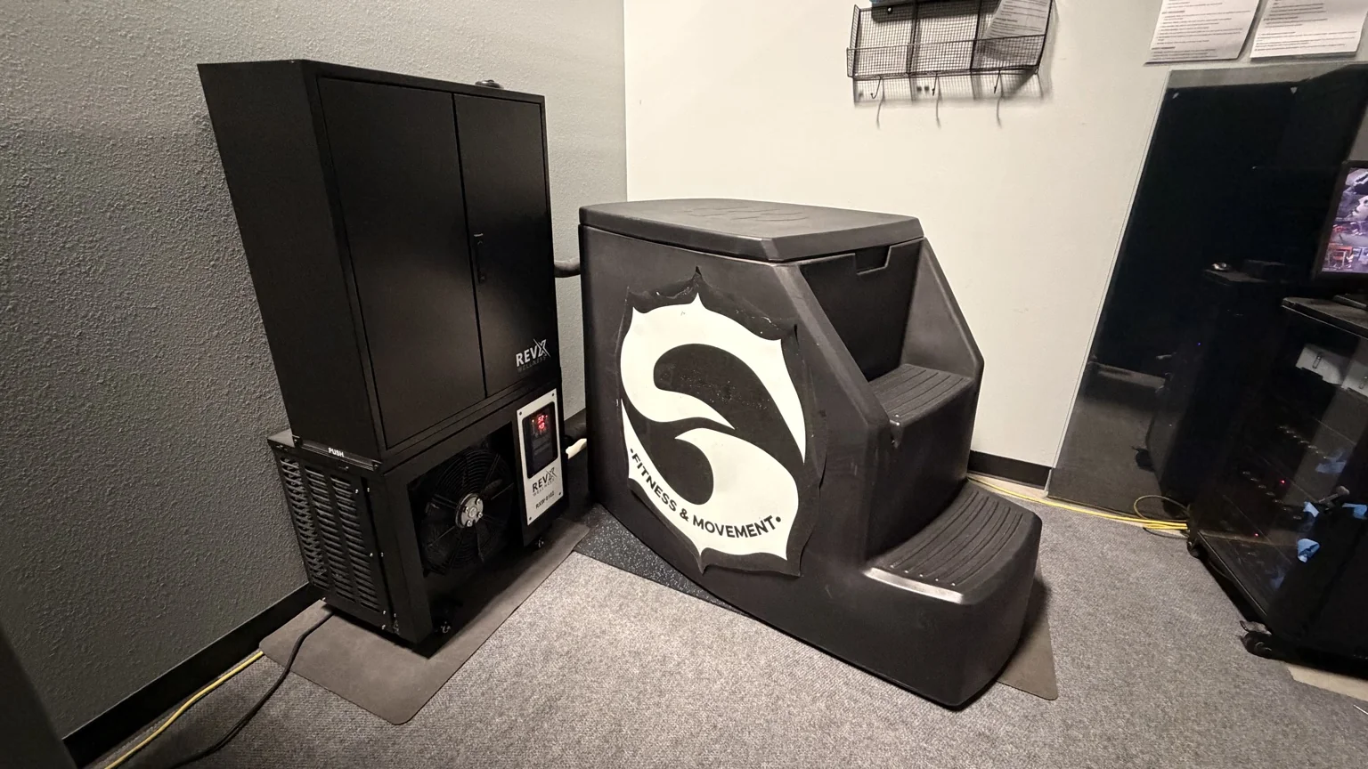 Sync’s cold plunge and cooling unit in the recovery room
